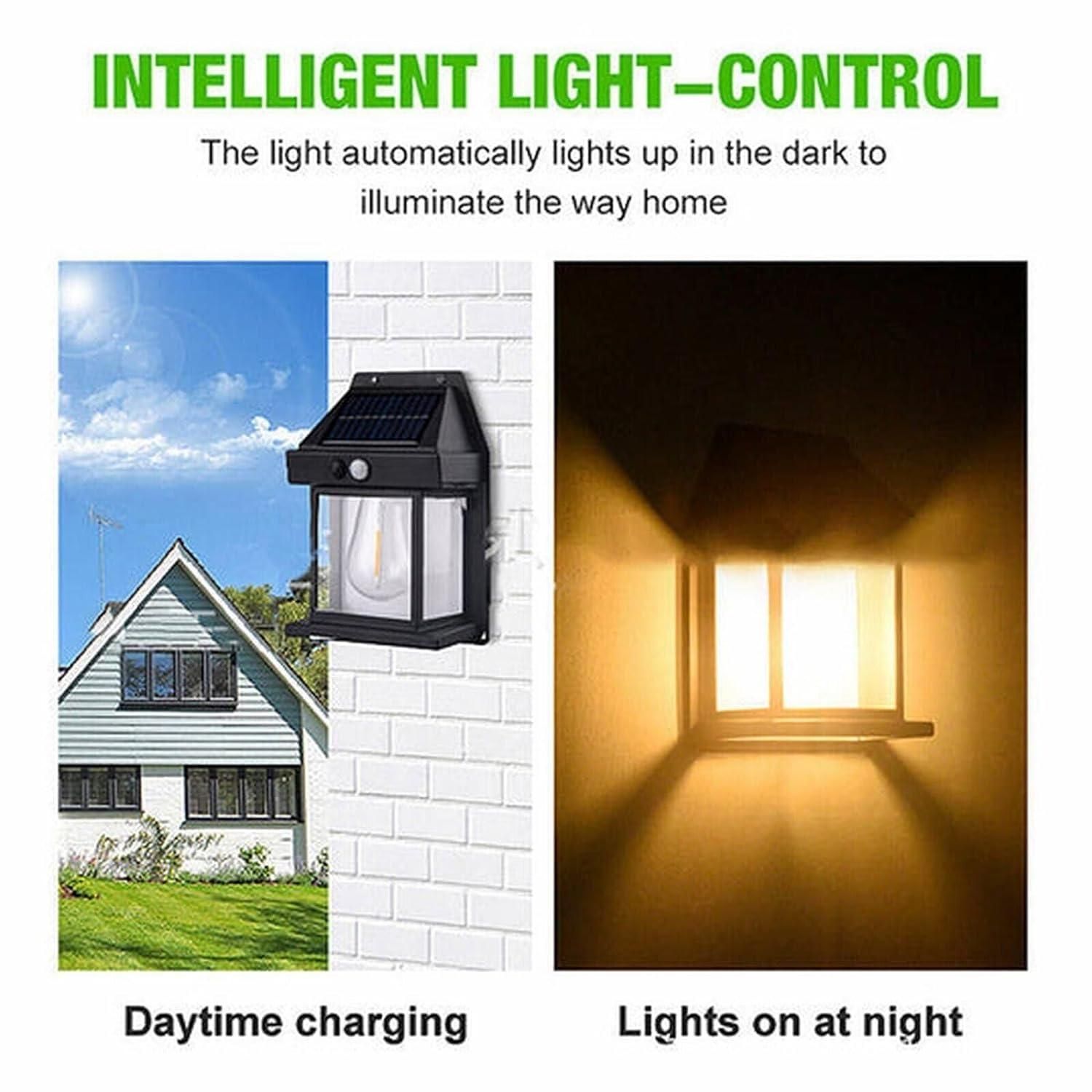 Solar light on a wall with daytime charging and night-time illumination images.