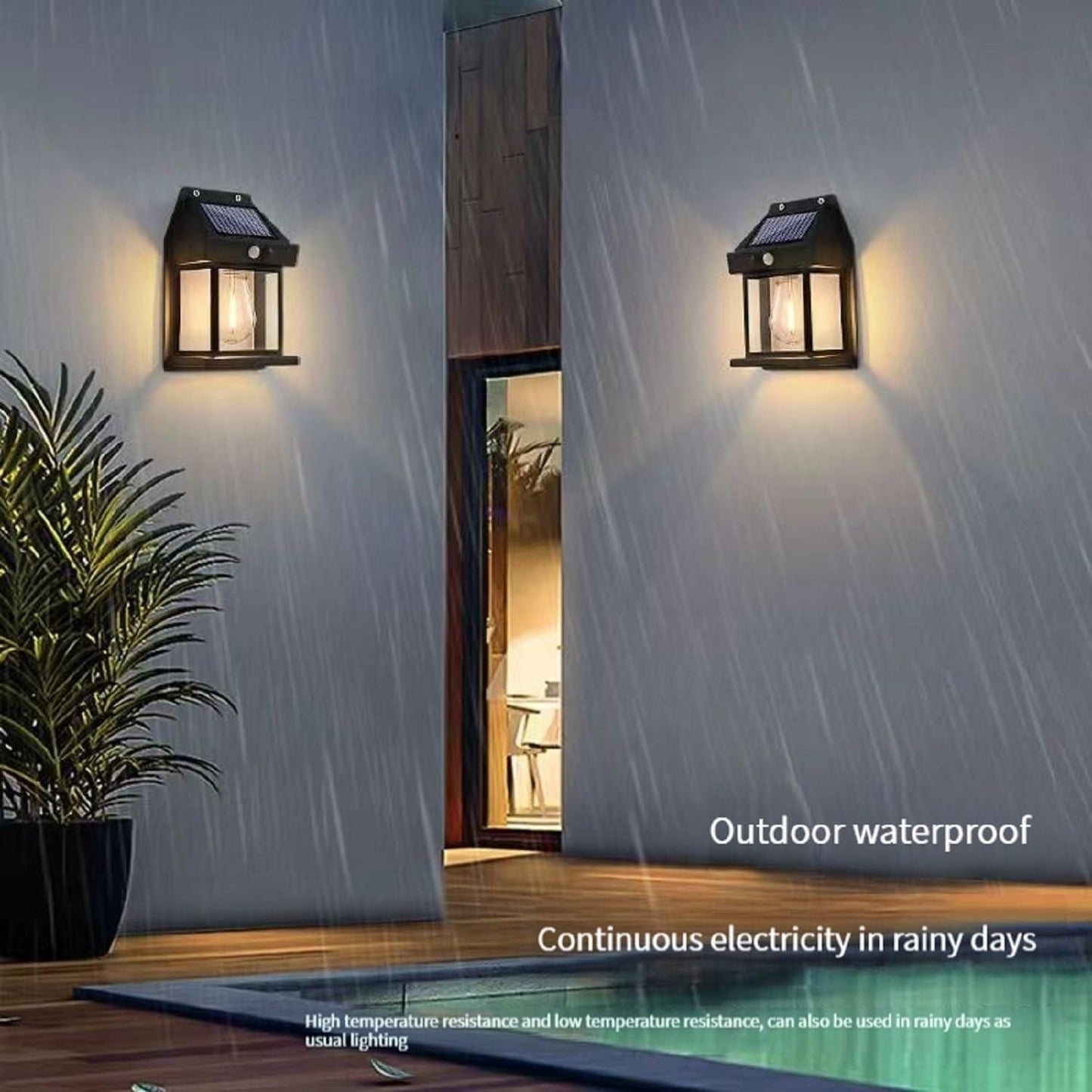 Solar-powered outdoor wall lights on a rainy day with text highlighting waterproof and continuous electricity features.
