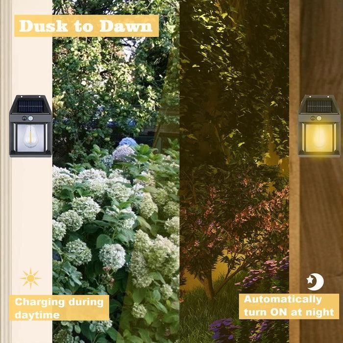 Solar light fixture demonstrating charging during the day and turning on at dusk in a garden setting.