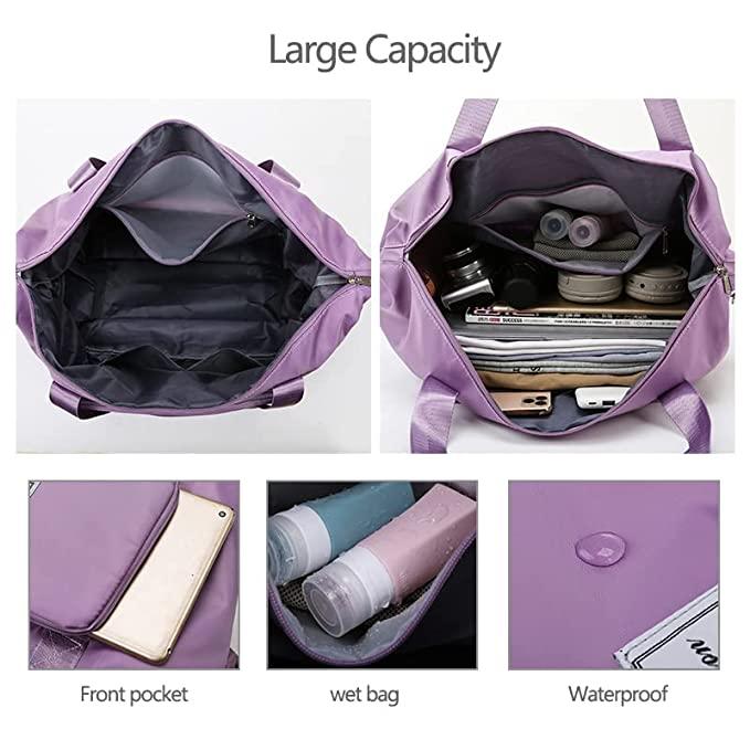 Purple bag with various compartments and features on a white background