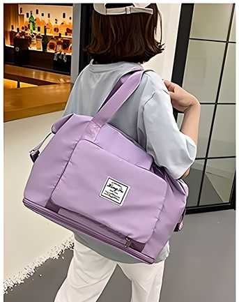 Person carrying a purple bag indoors