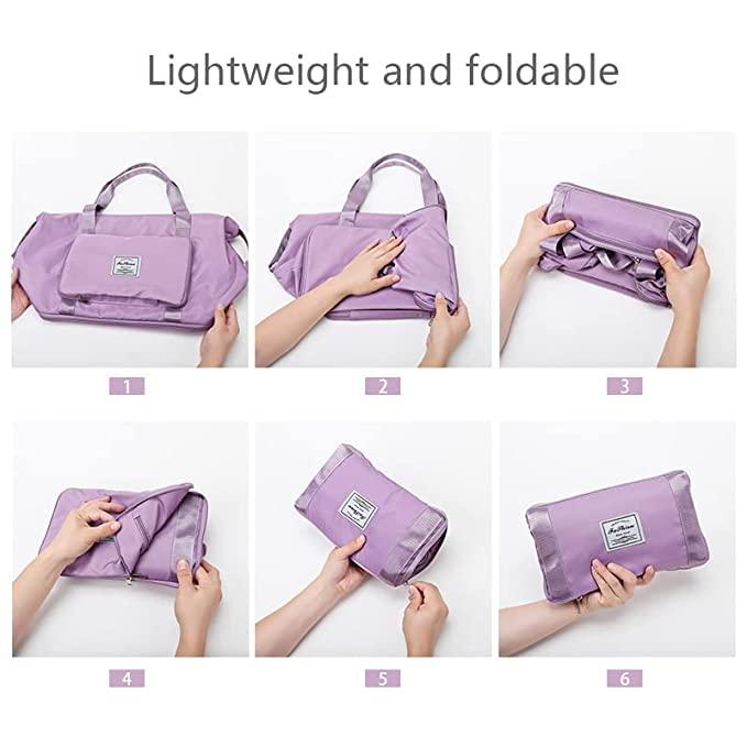 Step-by-step process of folding a purple bag on a white background